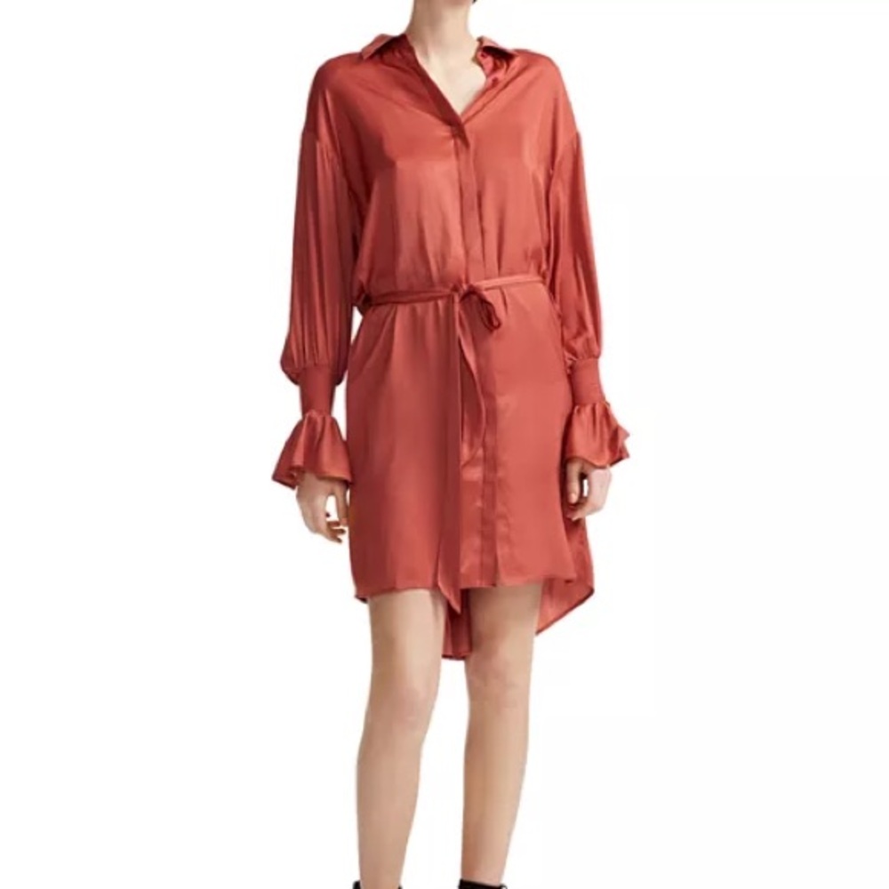 Maje Rebano Satin Shirt Dress in Terracotta